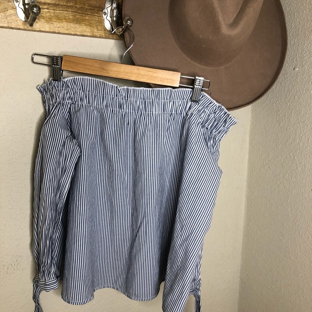 Blue white stripe off shoulder blouse